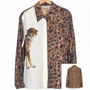 Reflections Spiegel Womens 1X Maximalist Glam Cheetah Animal Print Silk Blouse
